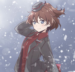  akaboshi_koume alternate_hairstyle arm_up black_hat black_jacket blue_eyes brown_hair closed_mouth commentary_request dress_shirt duplicate female garrison_cap girls_und_panzer hair_up hand_on_own_head hat insignia jacket kuromorimine_military_uniform long_sleeves looking_at_viewer military military_hat military_uniform open_clothes open_jacket pixel-perfect_duplicate red_shirt shirt short_hair short_ponytail smile snowing solo standing uniform upper_body vri_(tinder_box) wavy_hair wing_collar 