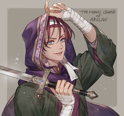  1boy adjusting_clothes adjusting_headwear akakokko_(niro_azarashi) animal_hands arm_up arslan_senki bandaged_arm bandages blue_eyes brown_background coat commentary_request copyright_name earrings english_text fingernails gieve hair_between_eyes hand_on_headwear hand_up headband holding holding_sword holding_weapon hood hood_up jewelry long_sleeves looking_at_viewer loose_hair_strand male_focus open_clothes open_coat parted_lips red_hair smile solo sword upper_body weapon 