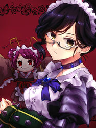  2girls antennae apron arthropod_girl black_eyes black_hair braid brown_kimono closed_mouth collar entoma_vasilissa_zeta extra_pupils fangs gauntlets glasses hair_bun highres japanese_clothes kimono looking_at_viewer maid maid_headdress mixed_maids multiple_girls overlord_(maruyama) poppu red_background red_eyes red_hair semi-rimless_eyewear short_hair simple_background single_hair_bun skin_fangs smile wa_maid white_apron yuri_alpha 