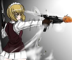  absurdres bartender blonde_hair blunt_bangs bob_cut brown_gloves brown_vest buttoned_cuffs buttons casing_ejection closed_mouth commentary cowboy_shot cutlass_(girls_und_panzer) dress_shirt dual_wielding female firing from_side frown girls_und_panzer gloves grey_background gun highres holding holding_gun holding_weapon long_sleeves looking_ahead looking_to_the_side maid_headdress miniskirt moesenyukikaze motion_blur muzzle_flash one-hour_drawing_challenge pleated_skirt pm-63_rak school_uniform serious shell_casing shirt short_hair skirt smoke solo standing submachine_gun vest weapon white_shirt white_skirt yellow_eyes 