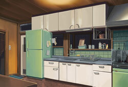  bad_id bad_pixiv_id bead_curtain cabinet dish_rack door drawer gingham_vest highres indoors kitchen kitchen_hood light_switch no_humans original oven plate pot refrigerator rug scenery sink soap_bottle spatula stove table tile_floor tiles tongs towel 