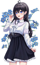  :d absurdres ahoge black_hair black_skirt blue_eyes blue_flower blue_nails breasts collared_shirt commentary cropped_shirt dress_shirt earrings female floral_background flower frilled_skirt frills funii hair_between_eyes hand_up highres jewelry long_hair long_sleeves looking_at_viewer medium_breasts nail_polish original pleated_skirt shirt skirt smile solo symbol-only_commentary teeth upper_teeth_only very_long_hair white_background white_shirt 