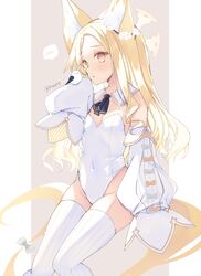  animal_ear_fluff animal_ears arm_up bare_shoulders blonde_hair blue_archive breasts covered_navel detached_collar detached_sleeves female fox_ears fox_girl halo hand_to_own_mouth highleg highleg_leotard highres leotard long_hair purinpurin seia_(blue_archive) sitting sleeves_past_wrists small_breasts solo strapless strapless_leotard thighhighs thighs white_leotard white_sleeves white_thighhighs yellow_eyes 