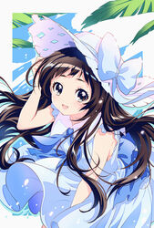  :d back_bow bare_arms blue_bow blue_neckerchief blue_ribbon border bow brown_eyes brown_hair commentary day dress female hand_on_own_head hat hat_bow hat_ribbon highres kaze-hime leaning_forward long_hair looking_at_viewer neckerchief open_mouth original outside_border ribbon sailor_dress sleeveless sleeveless_dress smile solo summer sun_hat sundress white_border white_dress white_hat 