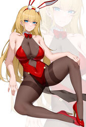  absurdres alternate_costume animal_ears azur_lane blonde_hair blue_eyes bow bowtie breasts center_opening cleavage commentary_request fake_animal_ears female full_body hand_on_own_knee high_heels highleg highleg_leotard highres large_breasts leotard long_hair looking_at_viewer necktie north_carolina_(azur_lane) pantyhose pelvic_curtain playboy_bunny rabbit_ears red_bow red_bowtie red_footwear red_leotard red_necktie see-through shoes solo strapless strapless_leotard thighband_pantyhose wsfw 