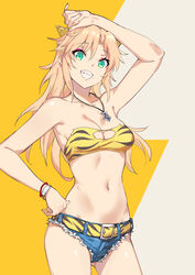  absurdres animal_print belt blonde_hair breasts commentary cone_horns cosplay fate/apocrypha fate_(series) female green_eyes grin highres horns long_hair looking_at_viewer lum lum_(cosplay) mordred_(fate) mordred_(fate/apocrypha) navel parted_bangs ponytail sidelocks small_breasts smile solo stomach tiger_print tokopi urusei_yatsura 