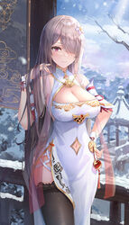  absurdres bangs bare_shoulders breasts brightlight brown_hair brown_thighhighs china_dress chinese_clothes cleavage cleavage_cutout closed_mouth clothing_cutout dress female flower hair_flower hair_ornament highres honkai_(series) honkai_impact_3rd large_breasts long_hair looking_at_viewer mole mole_under_eye navel navel_cutout purple_eyes rita_rossweisse rita_rossweisse_(artemis) sleeveless sleeveless_dress smile snowing solo thighhighs white_dress white_flower winter 