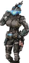  animification assault_visor black_bodysuit black_gloves bodysuit breasts energy_gun female gloves glowing gun hand_on_own_hip highres holding holding_gun holding_weapon holo_pilot_(titanfall_2) knee_pads kotone_a large_breasts m1901_mastiff over_shoulder pilot_(titanfall_2) protected_link science_fiction shotgun solo titanfall_(series) titanfall_2 trigger_discipline weapon weapon_over_shoulder white_background 