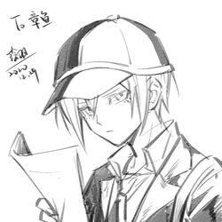  1boy closed_mouth collared_shirt danganronpa_(series) danganronpa_v3:_killing_harmony dated ewa_(seraphhuiyu) grey_background greyscale hair_between_eyes hat holding holding_paper jacket looking_at_viewer male_focus monochrome necktie paper saihara_shuichi shirt short_hair simple_background solo translation_request 