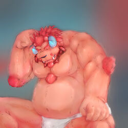  1:1 5_fingers beard black_nose blue_horn body_hair chernobog_(tas) chest_hair closed_eyes clothed clothing elbow_fur facial_hair fingers hi_res horn laohu lifewonders male monster nipples overweight overweight_male scratching_head slightly_chubby solo tokyo_afterschool_summoners underwear underwear_only white_clothing white_underwear 