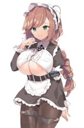  areola_slip bad_id bad_pixiv_id benevolent_leanne braid breasts brown_hair cleavage cleavage_cutout clothing_cutout commission constantia_s2 constantia_s2_(cosplay) cosplay dress female green_eyes huge_breasts kamchrome last_origin legs_together looking_at_viewer maid maid_headdress pantyhose simple_background single_braid smile solo standing underboob white_background 