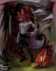  abs absurd_res anthro athletic athletic_male bottle bottomwear camo camo_clothing camo_print canid canine clothed clothing container danniemang digital_media_(artwork) fire forest forest_background fox hair hi_res katana looking_away male mammal melee_weapon nature nature_background orange_hair pattern_clothing phong_(danniemang) plant solo sword topless tree weapon 