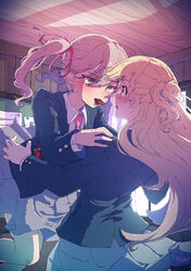  2girls bandaid bandaid_on_knee bandaid_on_leg blazer blonde_hair blush chocolate classroom colored_eyelashes commentary food_in_mouth green_eyes hair_bun hair_ribbon half_updo hand_on_another&#039;s_shoulder highres jacket kagawa_yuusaku long_hair long_sleeves looking_at_another multiple_girls necktie original platinum_blonde_hair ribbon school_uniform signature single_hair_bun skirt twintails valentine very_long_hair yuri 