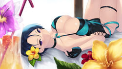  black_hair black_one-piece_swimsuit breasts cait_aron cleavage closed_mouth cup drinking_glass drinking_straw female fire_emblem fire_emblem:_three_houses fire_emblem_heroes flower gloves hibiscus highres knees_up large_breasts lying official_alternate_costume on_back one-piece_swimsuit partially_fingerless_gloves purple_eyes purple_flower red_flower shamir_nevrand shamir_nevrand_(summer) short_hair smile solo suspenders swimsuit thigh_strap yellow_flower 