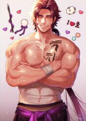  1boy bara candy chest_tattoo commentary_request crossed_arms daifuku food heart konpeitou long_sideburns male_focus midriff_sarashi muscular muscular_male polearm ponytail red_hair sarashi siddham sideburns smile solo spear sweat tachibana_kuniei tattoo tonbokiri_(touken_ranbu) topless_male touken_ranbu weapon yari yellow_eyes 