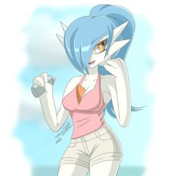  1:1 2023 3_fingers alyx_(cobra0281) blue_hair bottle bottomwear breasts cleavage clothed clothing cobra0281 container exercise female fingers gardevoir generation_3_pokemon hair hair_over_eye hi_res humanoid long_hair looking_away medium_breasts nintendo not_furry one_eye_obstructed pokemon pokemon_(species) ponytail shiny_pokemon shirt shorts signature solo tank_top topwear water_bottle 