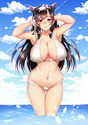  animal_ears armpits ass_visible_through_thighs atago_(azur_lane) atago_(summer_march)_(azur_lane) azur_lane bikini black_hair blue_sky blush bow breasts casual_one-piece_swimsuit choker cleavage closed_mouth cloud cloudy_sky covered_nipples cowboy_shot day extra_ears female flower groin hair_flip hair_flower hair_ornament halterneck large_breasts long_hair looking_at_viewer megatama mole mole_under_eye ocean official_alternate_costume one-piece_swimsuit outdoors ribbon sky smile solo swept_bangs swimsuit wading white_bikini white_bow white_choker white_ribbon yellow_eyes 