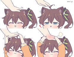  ! &gt;_&lt; :3 :i ahoge artist_name blue_eyes blush bow brown_hair closed_eyes commentary english_commentary female grabbing_another&#039;s_hand hair_between_eyes hair_ornament hairbow hand_on_another&#039;s_head headpat hololive kemonomimi_mode kukie-nyan natsuiro_matsuri natsuiro_matsuri_(1st_costume) orange_shirt shirt side_ponytail virtual_youtuber 