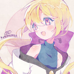  :d bare_shoulders blonde_hair blue_shirt blush bow brown_background commentary_request female hair_between_eyes hairbow highres jacket linear_cannon long_hair looking_away looking_to_the_side numbers_(pigpenandpaper) off_shoulder purple_bow red_eyes shinkisekai_evolution shirt sleeveless sleeveless_shirt smile solo upper_body very_long_hair white_jacket 