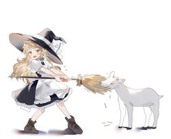  apron blonde_hair blush boots braid broom commentary_request female flying_sweatdrops frilled_apron frills full_body furrowed_brow goat hair_ribbon hat hat_ribbon holding holding_broom kirisame_marisa long_hair looking_at_viewer open_mouth ribbon short_sleeves simple_background single_braid solo sorani_(kaeru0768) standing touhou tress_ribbon white_apron white_background witch_hat yellow_eyes 