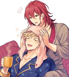  2boys blonde_hair coffee granblue_fantasy kingyo_114 male_focus multiple_boys pajamas percival_(granblue_fantasy) pillow red_eyes red_hair smile towel towel_on_head vane_(granblue_fantasy) white_background 