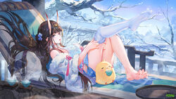  atdan azur_lane bare_shoulders black_hair dress feet female from_side fur_trim gradient highres horns knees_up leg_up long_hair looking_at_viewer looking_to_the_side manjuu_(azur_lane) noshiro_(azur_lane) noshiro_(fragrance_of_the_eastern_snow)_(azur_lane) off_shoulder official_alternate_costume oni_horns open_mouth purple_eyes revision short_dress single_thighhigh sleeveless sleeveless_dress smile solo thighhighs thighs very_long_hair white_dress white_legwear 