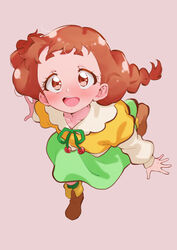  :d absurdres arisugawa_himari blouse blush boots braid brown_eyes brown_footwear brown_hair collarbone commentary_request female forehead foreshortening from_above full_body green_ribbons green_skirt green_socks happy highres kirakira_precure_a_la_mode long_hair looking_at_viewer looking_up low-braided_long_hair low-tied_long_hair multicolored_shirt neck_ribbon nose_blush open_mouth pink_background precure ribbon shirt simple_background skirt smile socks solo tankobukids teeth thick_eyebrows twin_braids upper_teeth_only walking white_shirt yellow_shirt 