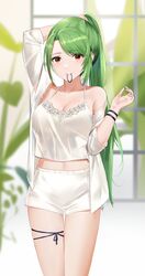  absurdres ankle_ribbon azur_lane blouse blurry blurry_background breasts chinese_commentary cleavage commentary female green_hair hair_tie hair_tie_in_mouth hands_in_hair highres holding holding_own_hair lace-trimmed_shirt lace_trim leg_ribbon littorio_(azur_lane) littorio_(lounging_emerald)_(azur_lane) long_hair looking_at_viewer medium_breasts midriff_peek mouth_hold multicolored_hair official_alternate_costume open_clothes open_shirt ponytail qing_wu red_eyes ribbon see-through see-through_shirt shirt shorts sleepwear solo spaghetti_strap streaked_hair tank_top two-tone_hair tying_hair very_long_hair white_shirt white_shorts 