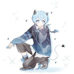  1boy blue_eyes blue_hair boots bow bowtie colon_(stpri) demon_boy demon_horns demon_tail demon_wings full_body highres horns long_sleeves looking_to_the_side lulucoo male_focus on_one_knee pants shoes short_hair simple_background socks solo strawberry_prince tail utaite white_background wings 