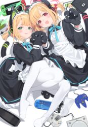  2girls :d absurdres animal_ear_headphones animal_ears animal_hands apron black_dress blonde_hair blue_archive blue_bow blue_bowtie blush bow bowtie cat_ear_headphones cat_tail controller dress fake_animal_ears feet frills game_boy game_boy_(original) game_console game_controller gloves green_bow green_eyes green_halo hairbow halo handheld_game_console headphones highres kaniman legs long_sleeves looking_at_viewer maid maid_apron maid_headdress midori_(blue_archive) midori_(maid)_(blue_archive) momoi_(blue_archive) momoi_(maid)_(blue_archive) multiple_girls nintendo_64_controller nintendo_switch no_shoes official_alternate_costume open_mouth pantyhose paw_gloves playstation_5 playstation_portable red_bow red_eyes red_halo sega_dreamcast short_hair siblings sisters smile soles tail teeth twins upper_teeth_only white_pantyhose 