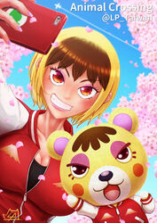  animal_crossing animal_ears artist_name bear bear_ears blonde_hair blush breasts brown_hair cellphone cherry_blossoms cleavage copyright_name female humanization large_breasts lp_taiwan makeup multicolored_hair nail_polish open_mouth phone red_eyes sky solo tammy_(animal_crossing) teeth two-tone_hair 