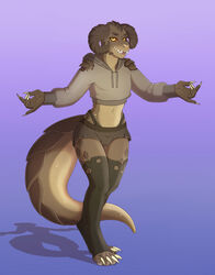  anthro arms_out ashe_colter bottomwear brown_body brown_scales bulge claws clothing cropped_hoodie deathclaw fallout fangs femboy finger_claws hi_res horn hotpants legwear looking_at_viewer male microsoft mr_jager navel red_eyes reptile scales scalie shadow shorts simple_background solo stockings string_panties tail teeth thick_tail thick_thighs toe_claws torn_clothing visible_underwear 