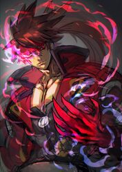  1boy aura brown_hair claws collarbone cropped_jacket dragon_install glowing glowing_eye guilty_gear guilty_gear_strive hair_between_eyes highres jacket looking_at_viewer male_focus pectorals ponytail red_eyes red_jacket shaded_face simple_background sol_badguy yohane_shimizu 