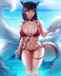  ahri_(league_of_legends) animal_ears ball beachball bikini black_hair breasts breasts_apart day facial_mark female fox_ears fox_tail highres holding_own_tail large_breasts league_of_legends long_hair looking_at_viewer mcdobo multiple_tails navel o-ring o-ring_bikini outdoors photoshop_(medium) pool_party_(league_of_legends) red_bikini solo standing swept_bangs swimsuit tail water whisker_markings yellow_eyes 