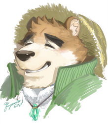  1boy animal_ears animal_nose bara bear_boy bear_ears blush brown_fur close-up closed_eyes forked_eyebrows furry furry_male fuyodo green_jacket hat jacket jewelry male_focus necklace portrait signature simple_background smile snout solo straw_hat thick_eyebrows tokyo_afterschool_summoners towel towel_around_neck volos_(housamo) white_background 