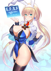  adapted_costume animal_ears aqua_eyes blonde_hair blue_eyes blue_leotard boots breasts cleavage clipboard covered_navel cowboy_shot earrings embarrassed female hair_behind_ear highres jewelry large_breasts leotard long_hair looking_at_viewer low_twintails mitsuba_greyvalley oversized_breast_cup playboy_bunny rabbit_ears rabbit_tail skindentation solo strapless strapless_leotard super_robot_wars super_robot_wars_30 tail takamine_nadare thigh_boots thighhighs twintails very_long_hair 