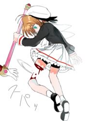  artistic_error bad_anatomy black_footwear blood blue_(zktw2734) brown_hair cardcaptor_sakura dismemberment female green_eyes guro kinomoto_sakura magical_girl school_uniform simple_background skirt solo tomoeda_elementary_school_uniform translation_request white_background white_skirt wrong_hand 