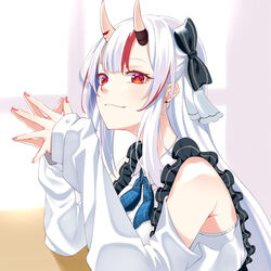  absurdres blue_ribbon bow breasts chihaneaika closed_mouth clothing_cutout commentary day ear_piercing eyelashes female hairbow highres hololive horns indoors long_hair long_sleeves looking_at_viewer medium_breasts multicolored_hair nail_polish nakiri_ayame nakiri_ayame_(girly) neck_ribbon official_alternate_costume own_hands_together piercing pink_nails plaid plaid_ribbon red_eyes red_hair ribbon shirt shoulder_cutout sitting skin-covered_horns sleeves_past_wrists smile solo straight_hair streaked_hair two-tone_hair upper_body virtual_youtuber white_hair white_shirt window 