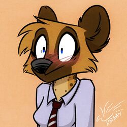  anthro black_nose blue_eyes blush brown_body brown_fur bust_portrait clothing collared_shirt diana_machado eyelashes female fur head_tuft hi_res hyena katnay mammal necktie portrait shirt simple_background solo spots surprise tan_body tan_fur topwear tuft wide_eyed worn_down_children 