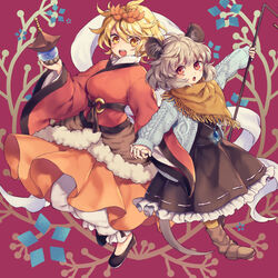  2girls adapted_costume animal_ears aran_sweater bishamonten&#039;s_pagoda black_footwear black_skirt blonde_hair boots brown_footwear cable_knit commentary dowsing_rod frilled_skirt frills full_body grey_hair hagoromo hair_ornament hand_up holding holding_hands interlocked_fingers jewelry long_sleeves looking_at_viewer mouse_ears mouse_tail multiple_girls nazrin open_mouth orange_skirt pendant pink_background red_eyes red_shirt shawl shirt short_hair skirt smile sweater tail tomobe_kinuko toramaru_shou touhou wide_sleeves yellow_eyes yellow_legwear 