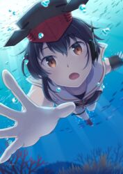  :o asymmetrical_hair black_hair breasts brown_eyes brown_neckerchief bubble coral crop_top female fish hair_between_eyes headphones i-14_(kancolle) kantai_collection looking_at_viewer nao_(nao_eg) neckerchief ocean reaching reaching_towards_viewer sailor_collar school_swimsuit short_hair small_breasts solo swimming swimsuit thigh_strap 