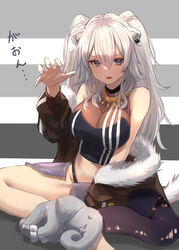  2020 5_fingers absurd_res animal_humanoid big_breasts breasts cleavage clothed clothing felid felid_humanoid female fingers grey_hair hair hi_res hololive humanoid japanese_text light_body light_skin lion_humanoid looking_at_viewer mammal mammal_humanoid open_mouth pantherine pantherine_humanoid rocoroco1115 shishiro_botan sitting solo text vtuber white_hair 