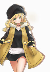  absurdres am1m black_dress black_hat blonde_hair coat dress female green_eyes hands_in_pockets hat highres jewelry long_hair looking_at_viewer mabinogi necklace open_clothes open_coat original player_character_(mabinogi) pointy_ears sash simple_background smile solo thigh_gap white_background white_sash yellow_coat 