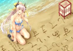  absurdres beach bikini blue_bikini breasts collarbone dragon_girl dragon_horns fate/grand_order fate_(series) female frilled_bikini frills grey_hair highres horns kiyohime_(fate) kiyohime_(swimsuit_lancer)_(fate) kiyohime_(swimsuit_lancer)_(third_ascension)_(fate) kuromu long_hair medium_breasts multiple_horns navel outdoors red_eyes sand solo squatting swimsuit water 