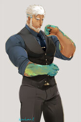  1boy aegir_(housamo) alternate_costume aqua_hair bad_id bad_twitter_id bara beard between_pectorals black_pants black_vest blue_eyes blue_shirt bulge collared_shirt cowboy_shot dark-skinned_male dark_skin facial_hair fingernails fins fish_boy formal hinokumo_f large_pectorals male_focus mature_male multicolored_hair muscular muscular_male necktie necktie_between_pectorals pants pectorals salaryman sharp_fingernails shirt short_hair sleeves_rolled_up solo streaked_hair tight_clothes tight_pants tokyo_afterschool_summoners vest white_hair 