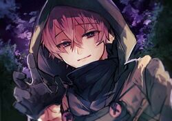  1boy cloud cloudy_sky gloves hood hood_up long_sleeves looking_at_viewer male_focus pink_hair purple_eyes purple_sky satomi_(stpri) scarf short_hair sky smile solo strawberry_prince suguya utaite 