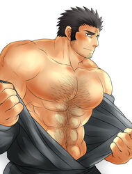  1boy abs alternate_facial_hair bara bare_pectorals bare_shoulders beard blush chest_hair cross_scar embarrassed facial_hair grey_kimono hairy houzouin_oniwaka japanese_clothes kimono large_pectorals long_sideburns male_focus mature_male muscular muscular_male navel navel_hair no_nipples open_clothes open_kimono pectorals scar scar_on_face scar_on_forehead short_hair sideburns solo stomach stubble sunfight0201 superman_exposure thick_eyebrows tokyo_afterschool_summoners undressing upper_body white_background 