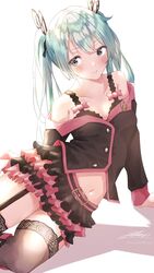  aqua_eyes aqua_hair arm_support bad_id bad_pixiv_id bare_shoulders black_bra black_shirt black_skirt black_thighhighs bloom bra butterfly_hair_ornament collarbone commentary female frilled_skirt frills garter_straps hair_ornament hatsune_miku honey_whip_(module) lace-trimmed_legwear lace_trim layered_skirt lips long_hair miniskirt navel off-shoulder_shirt off_shoulder project_diva_(series) shadow shirt shirubaa sidelighting sideways_glance signature sitting skirt solo thighhighs twintails underwear vocaloid white_background 