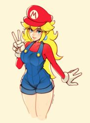  alternate_costume artist_name blonde_hair blue_eyes blue_overalls blush breasts buttons cabbie_hat clothes_writing commentary cosplay covered_collarbone cowboy_shot cropped_legs earrings english_commentary female gloves hair_flaps hand_up happy hat highres jewelry long_hair long_sleeves looking_at_viewer mario mario_(cosplay) mario_(series) medium_breasts overall_shorts overalls oxcoxa parted_bangs parted_lips princess_peach red_hat red_shirt shirt sidelocks signature simple_background smile solo sphere_earrings standing teeth thighs v white_gloves yellow_background 