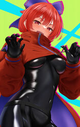  akatsuki_records black_bodysuit blue_bow blush bodysuit bow breasts cape covered_navel female hairbow highres indica long_sleeves medium_breasts open_mouth red_cape red_eyes red_hair rock_&#039;n&#039;_rock_&#039;n&#039;_beat sekibanki short_hair skin_tight smile solo touhou upper_body 